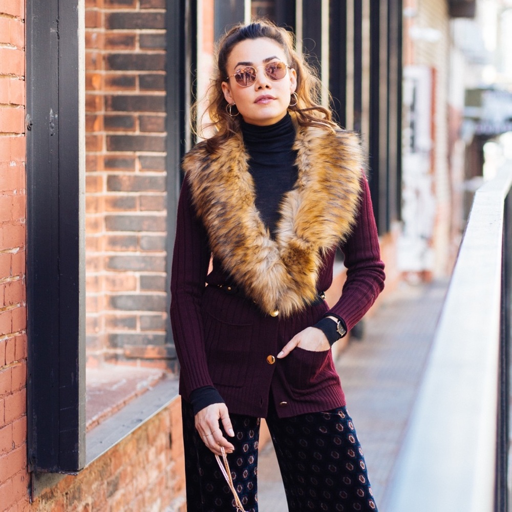 TRINA TURK “Pose” Sweater Cardigan with Faux Fur